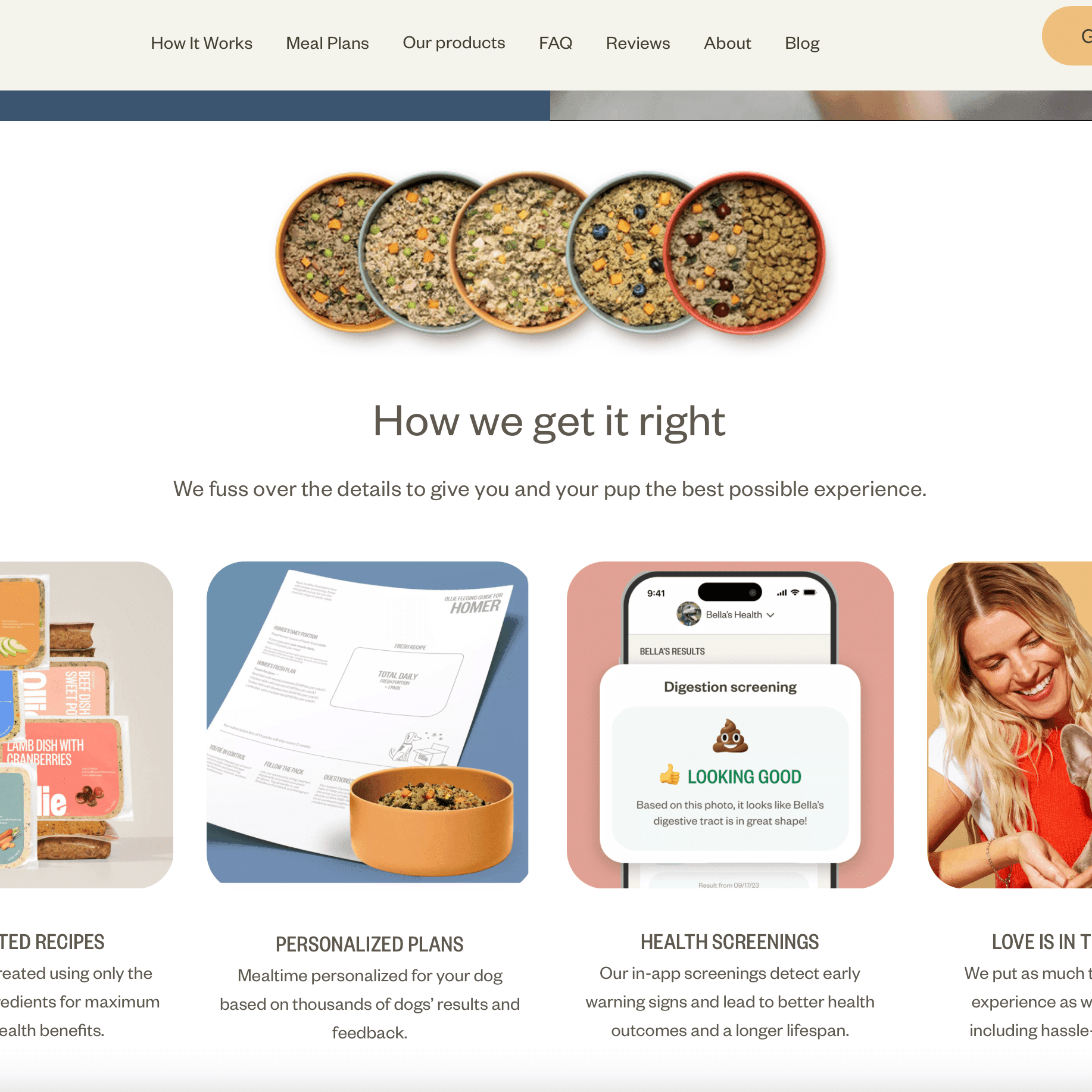 Ollie website section 'How we get it right' with bowls of fresh dog food and product photos.