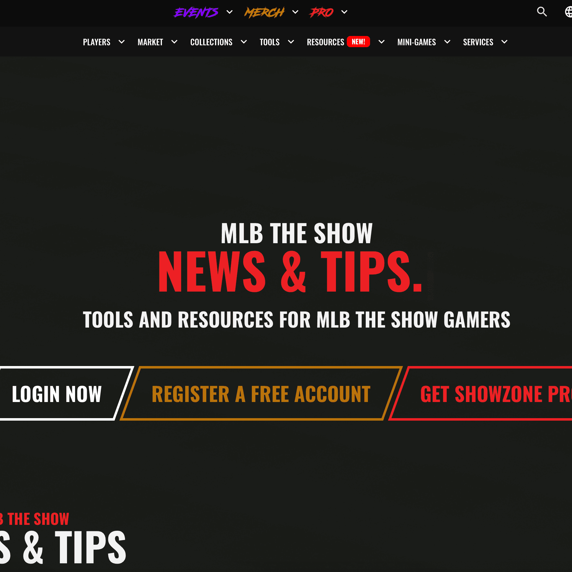 ShowZone.gg homepage: 'MLB The Show news & tips' with login, register and pro buttons.